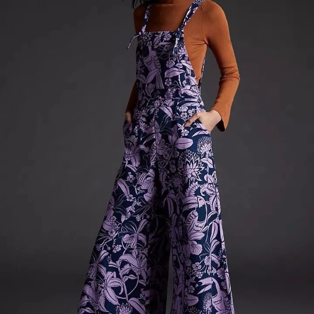 FARM Rio for Anthropologie Navy and Lavender Floral Jumpsuit